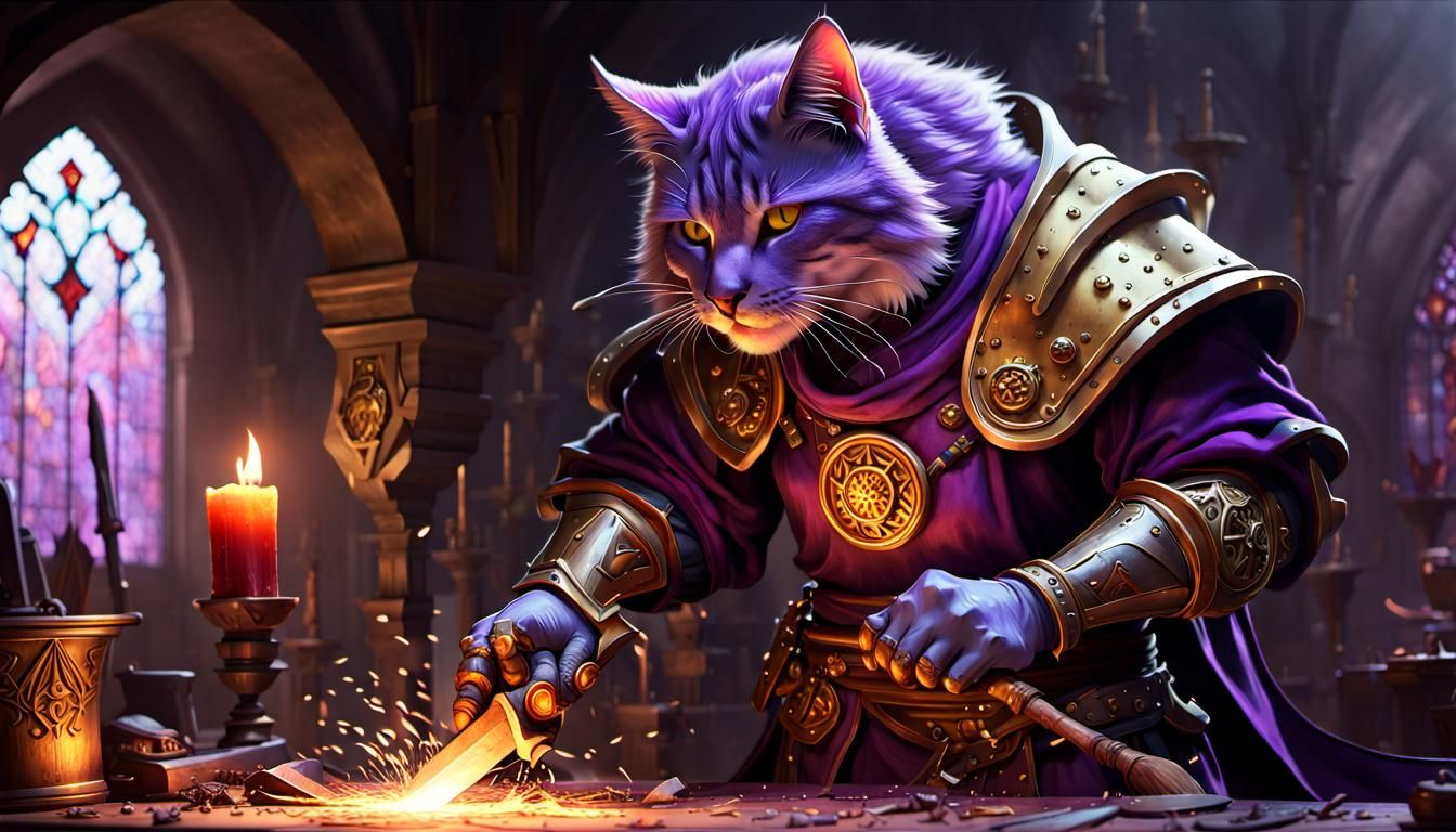 Cat Paladin Smithing Evil: Dark Fantasy Concept Art