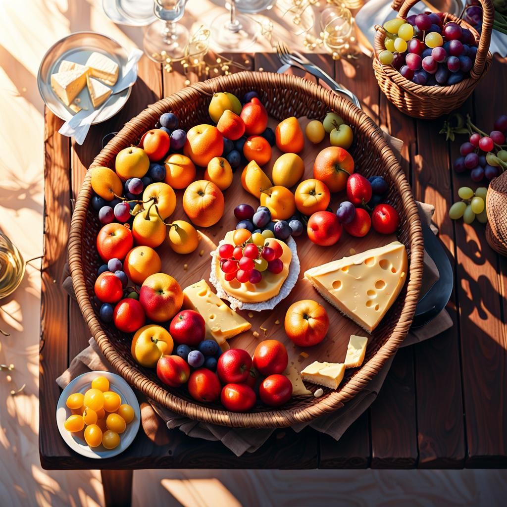 Colorful Still Life of Exotic Fruits and Cheeses