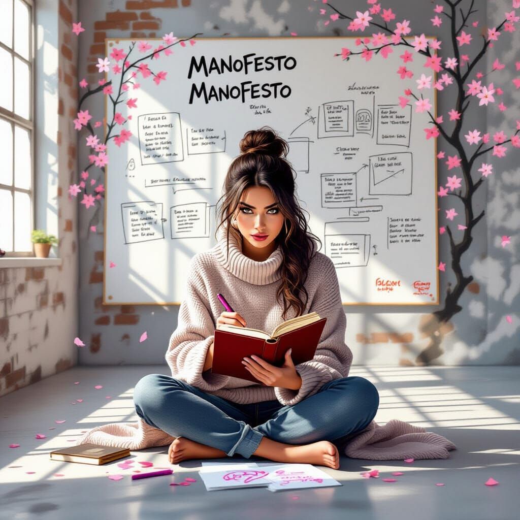 Woman Urgently Scribing Manifesto in Magical Realism Style