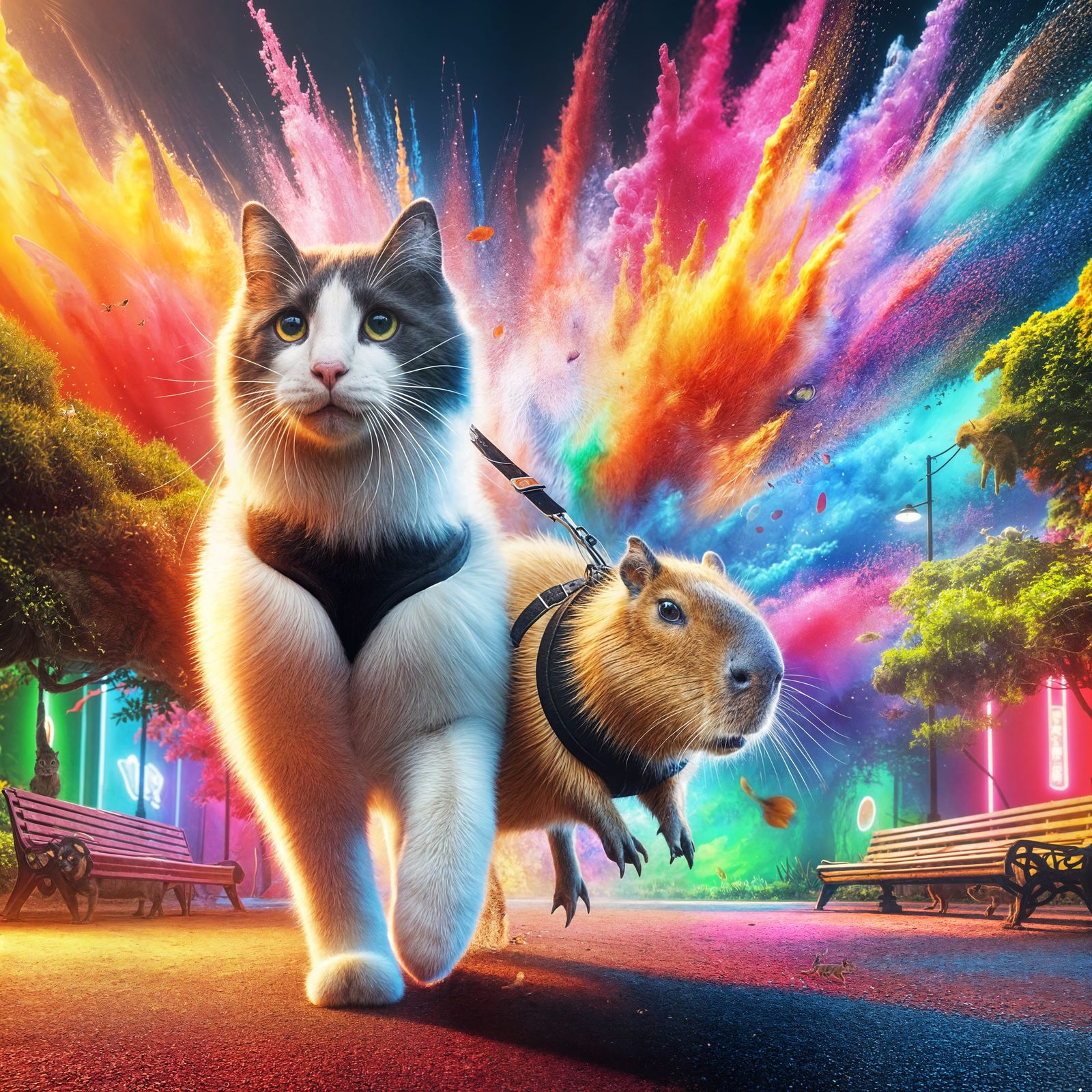 Seaman Cat Walks Capybara in Hyperrealistic Park