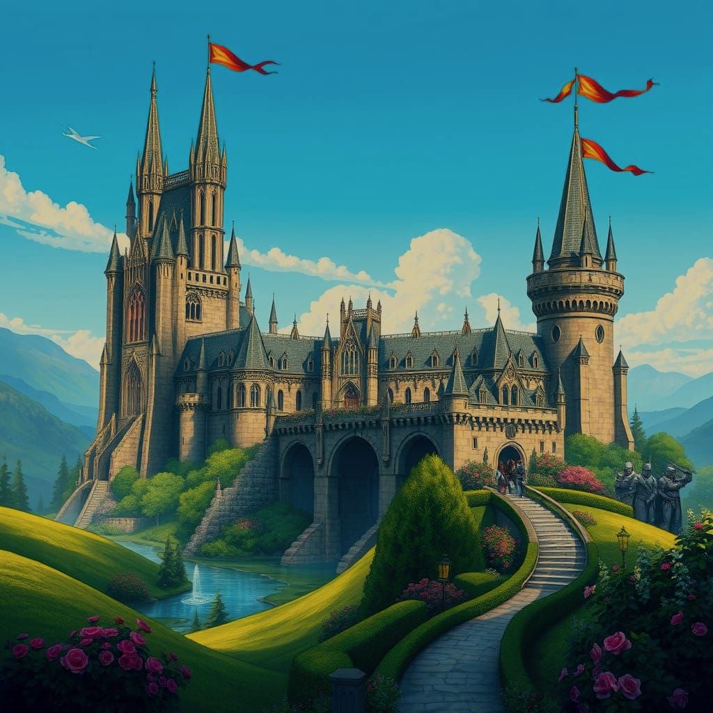 A Majestic Castle Structure in a Vibrant Sunset Scene