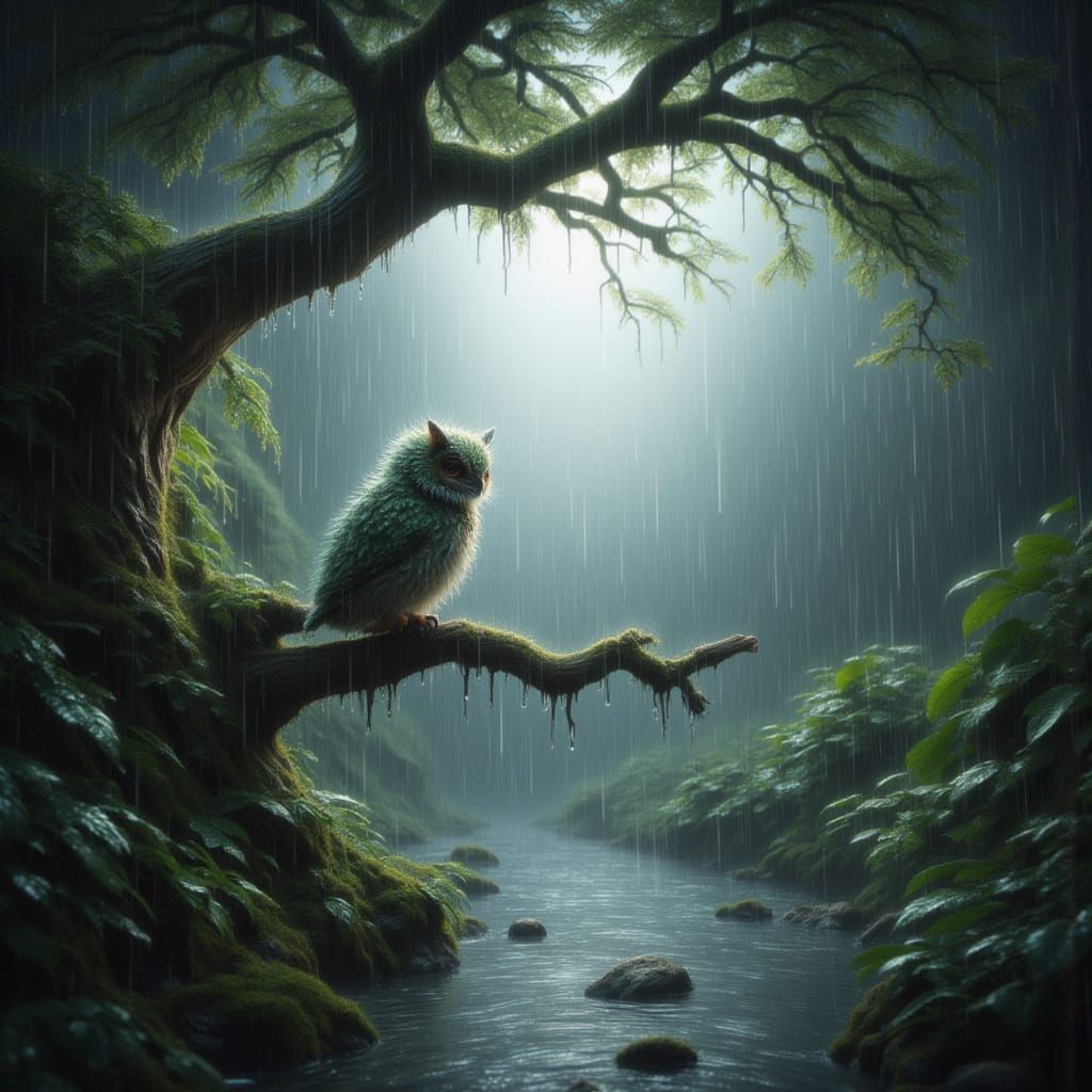 Mechanical Owl in Misty Forest