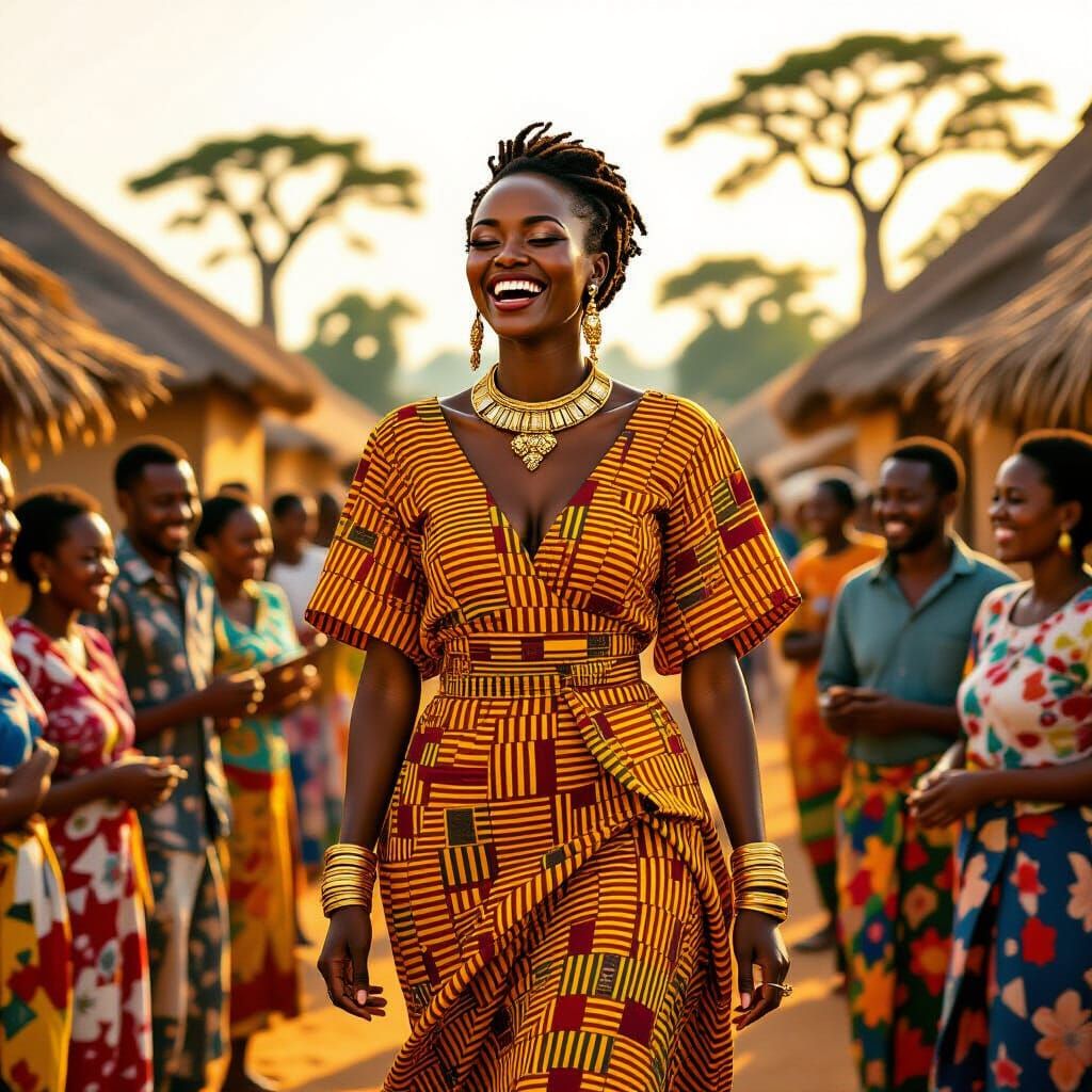 Confident African Woman in Kente Dress Walks Through Village