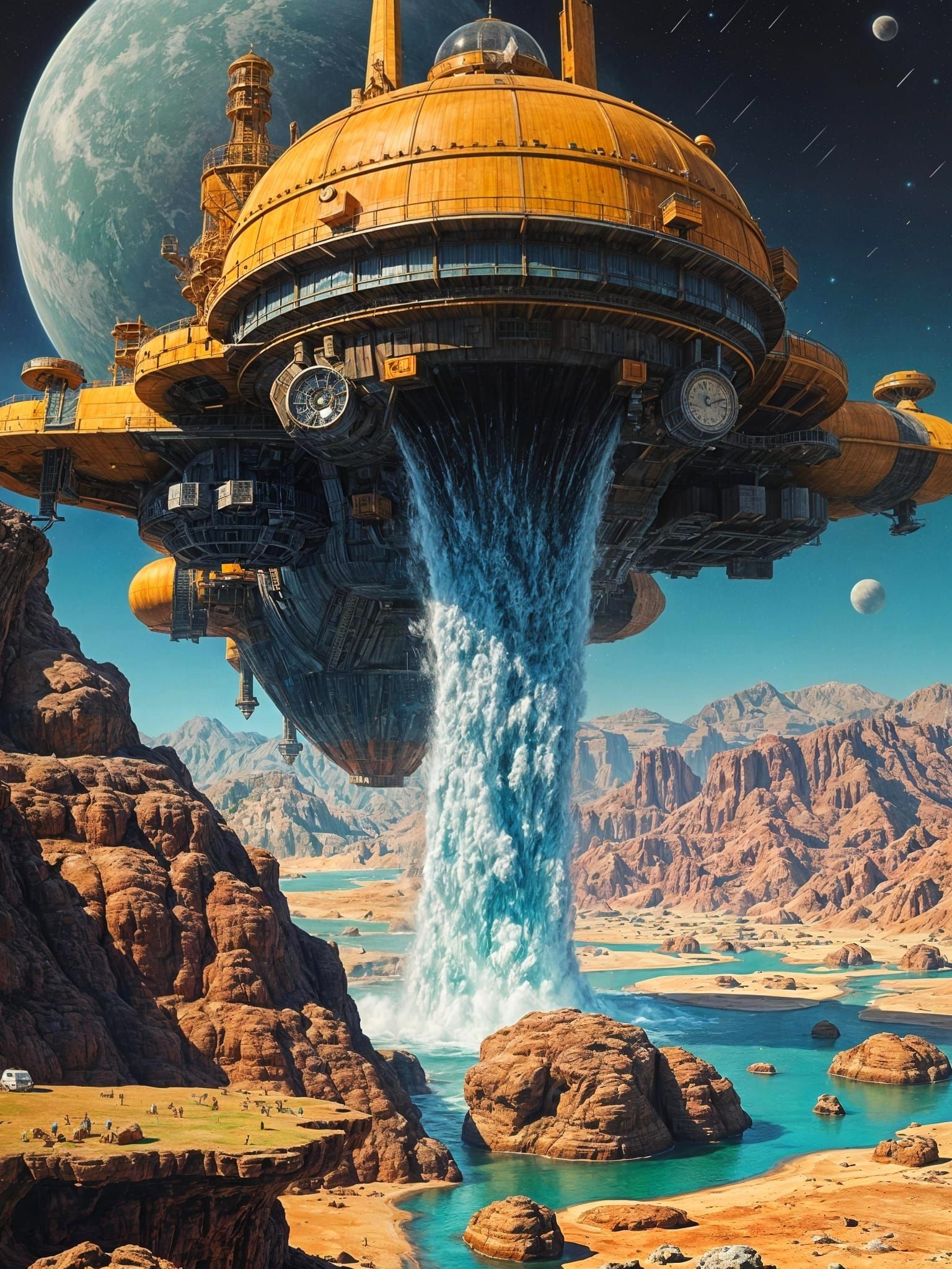 Waterfall from Spaceship on Alien Planet