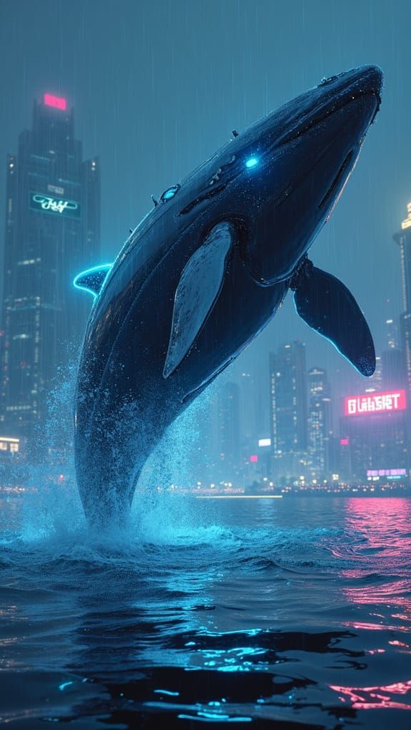 Cyberpunk Whale Leaps into Neon Night
