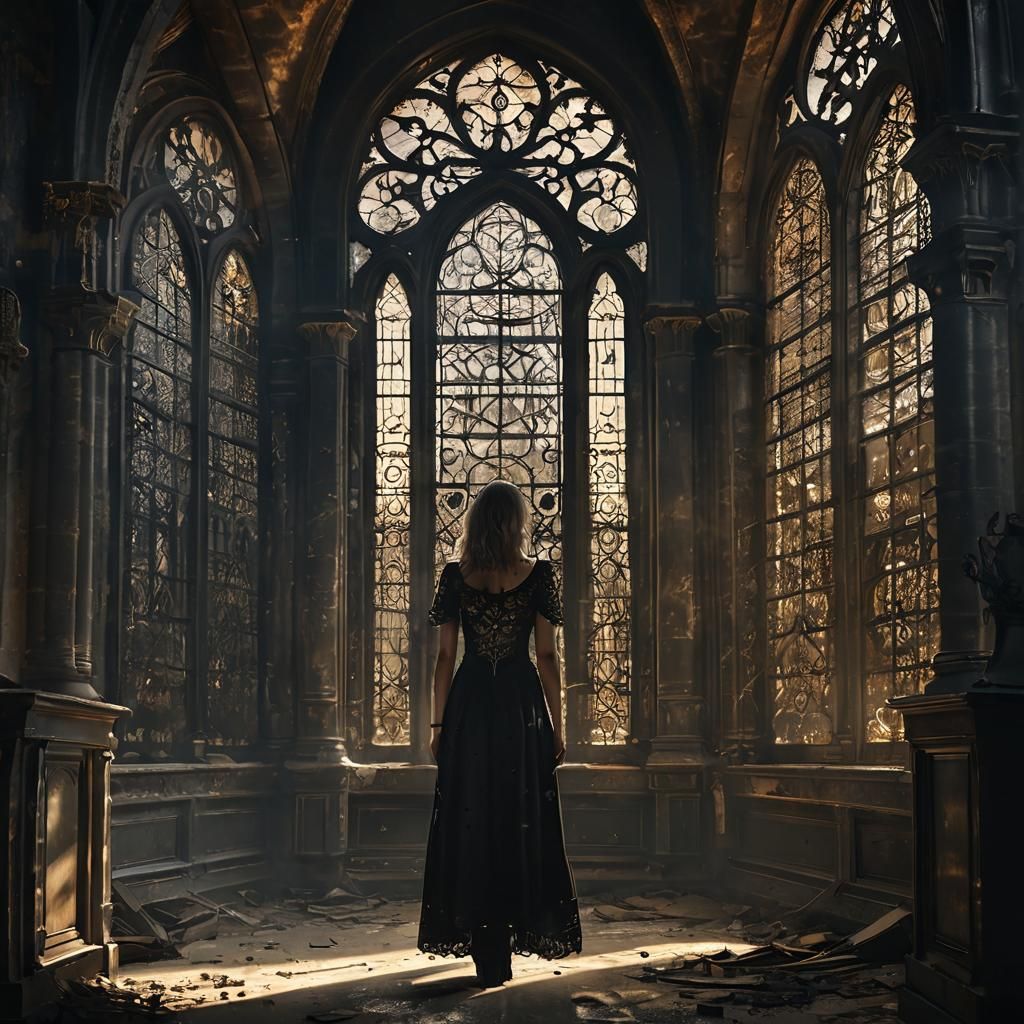 Girl in Exoskeleton in Abandoned Church: Surreal Digital Art