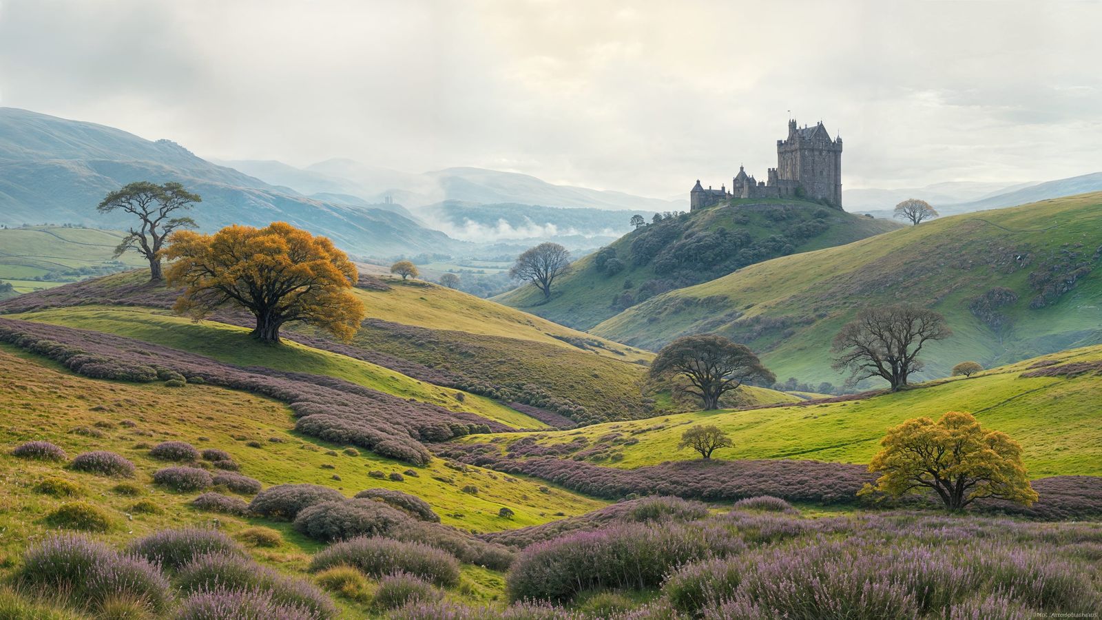 Mystical Scottish Highlands Landscape in Ethereal Glow