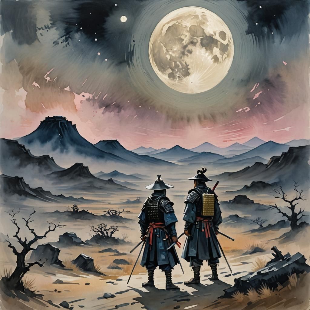 Samurai in Wasteland: Gouache and Watercolor Impression