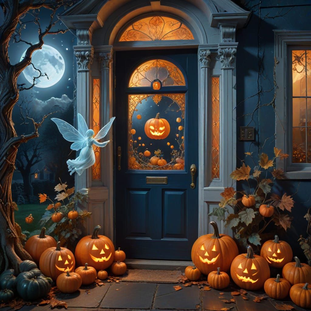 Fairy Ghost Offers Pumpkin Sweets Under Misty Moon