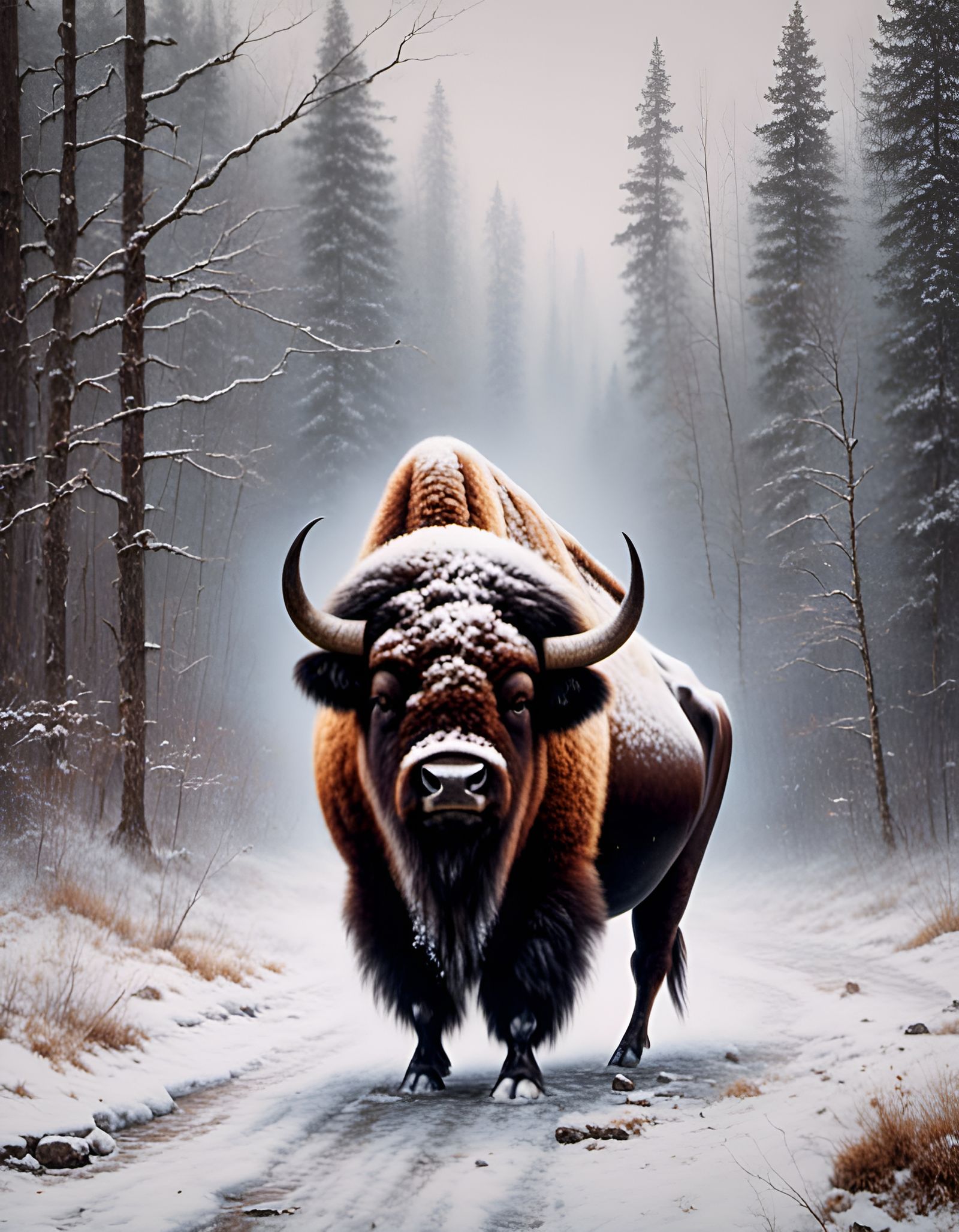 Bison in Snow Canvas Art Print as Rustic GIF