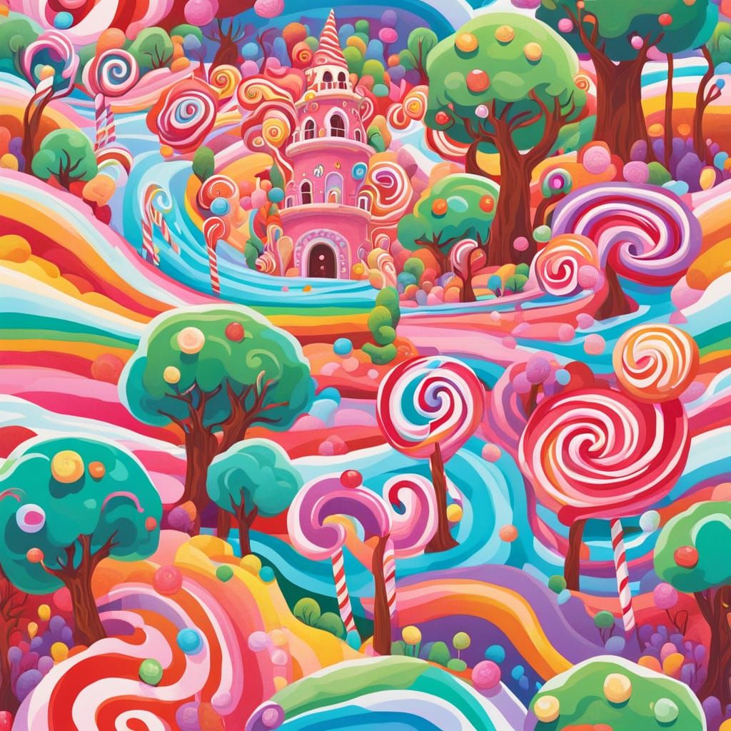 Vibrant Candy Land Wonderland with Swirling Lollipop Trees