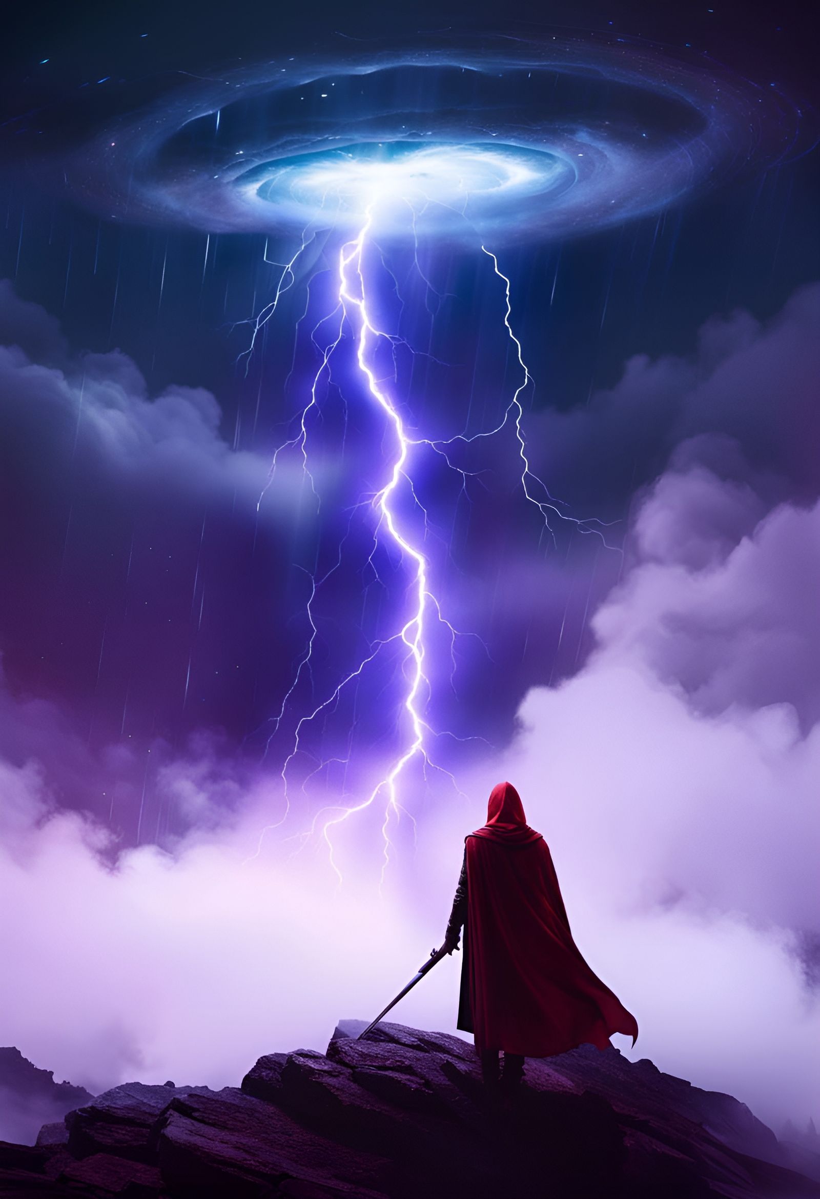 Crimson Cloaked Figure in Swirling Lightning Storm