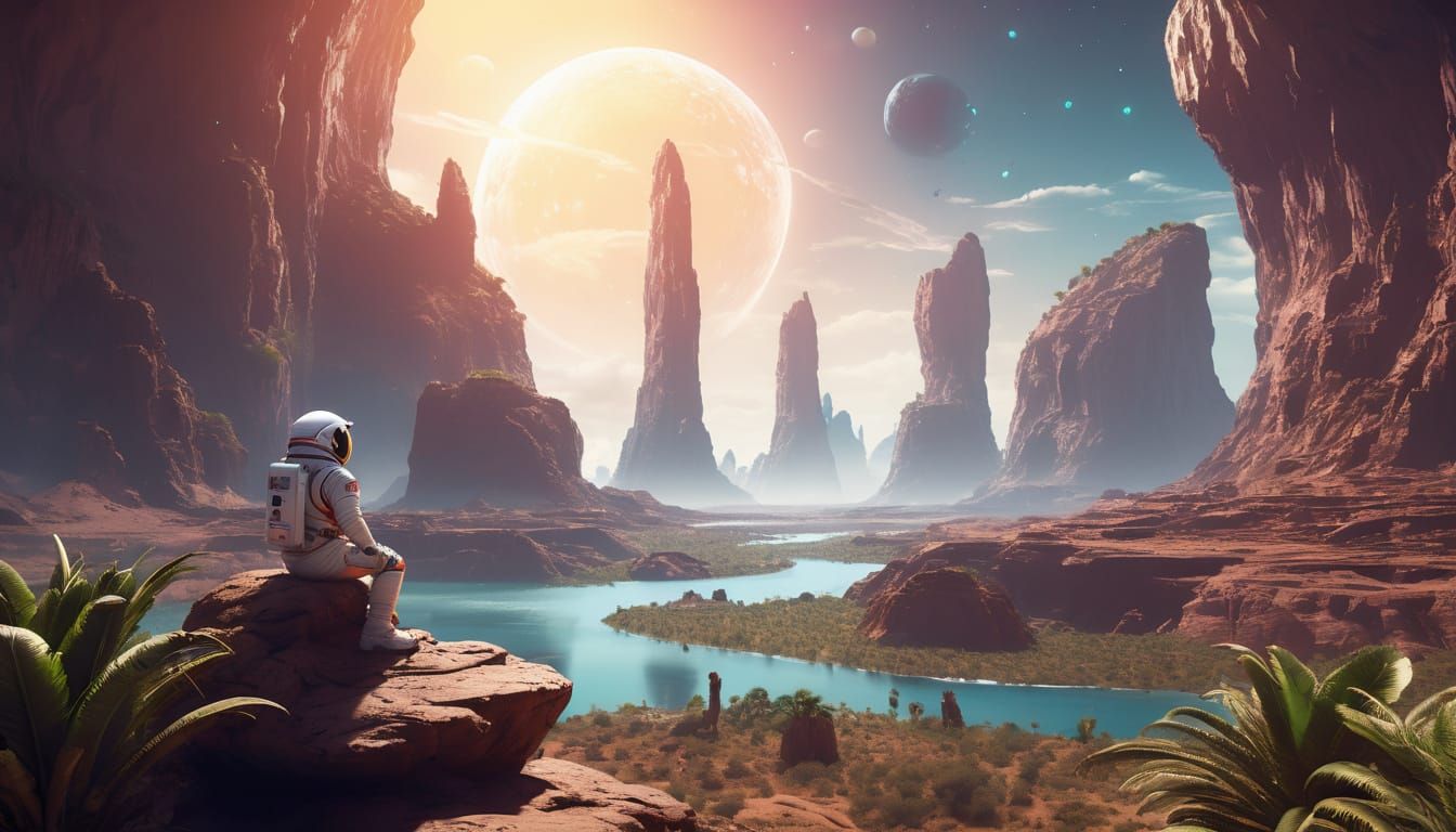 Astronaut Contemplates Floating Island in Digital Matte Pain...