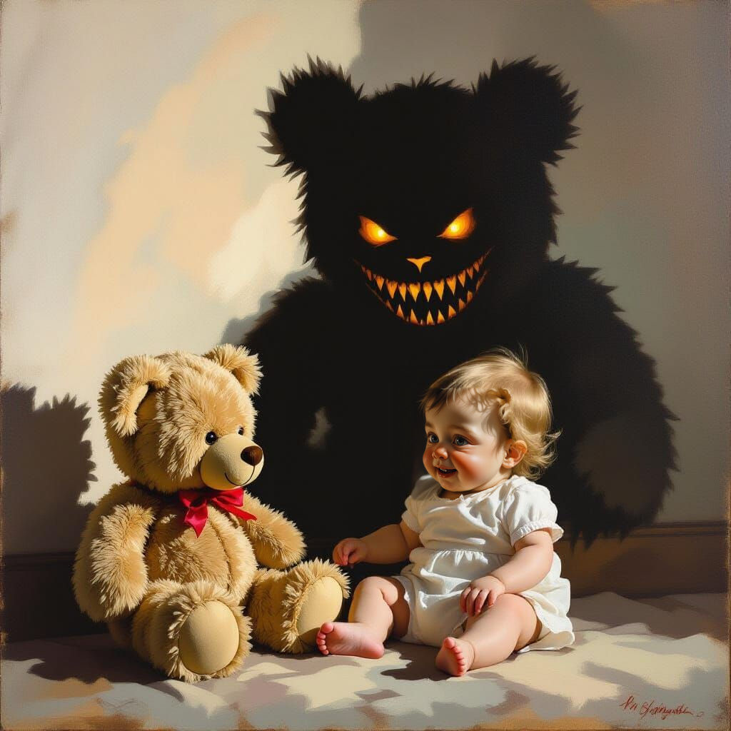Baby and Teddy Bear Shadow Play: Innocence Meets Darkness