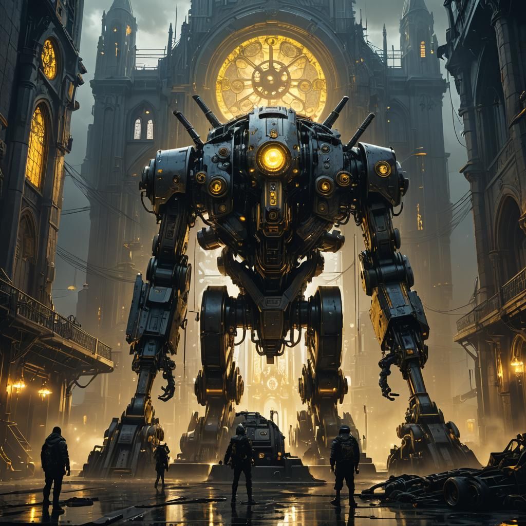 Cyberpunk Mech Rings Church Bells in Gloomy City