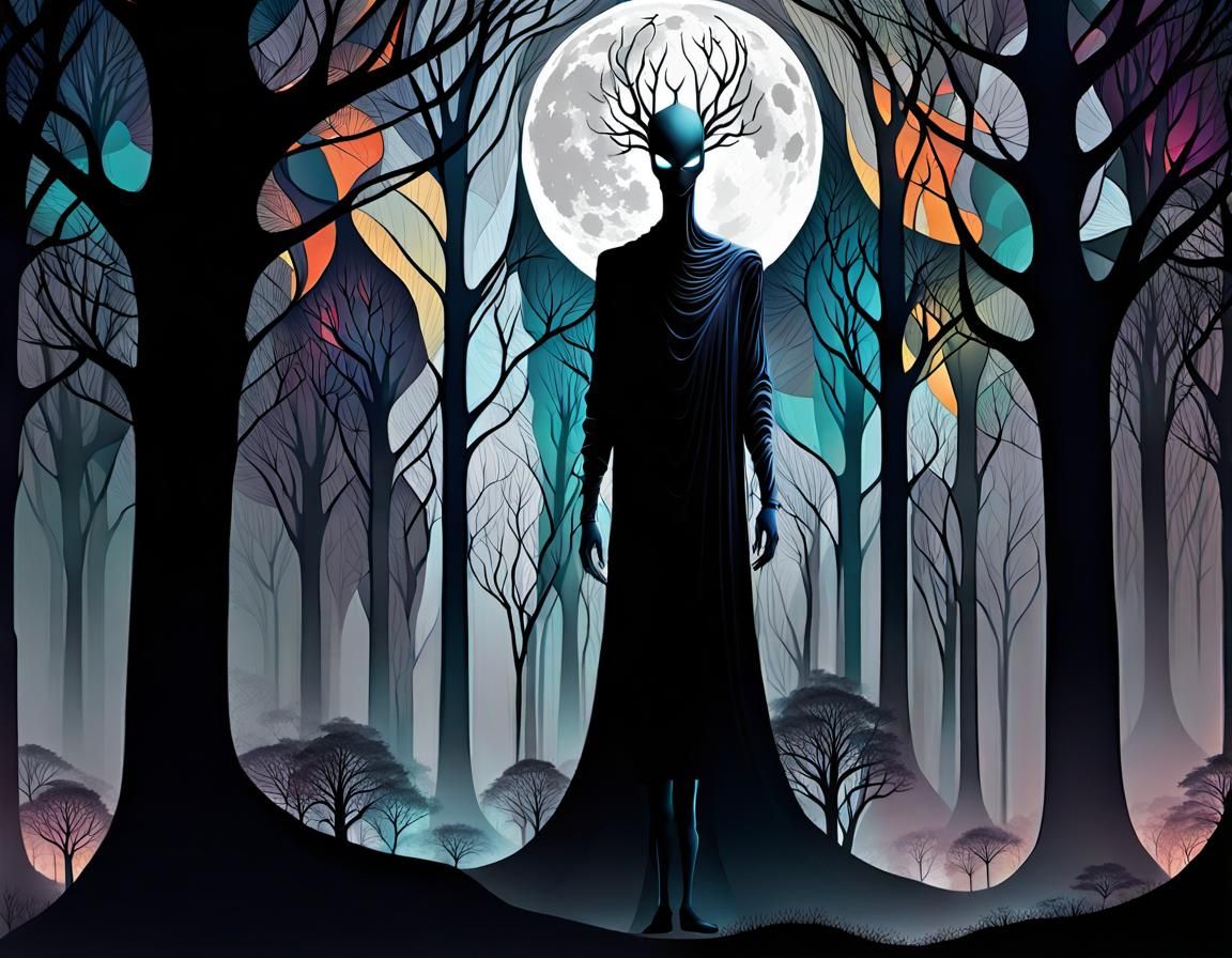 Eerie Faceless Figure in Moonlit Forest: Abstract Art