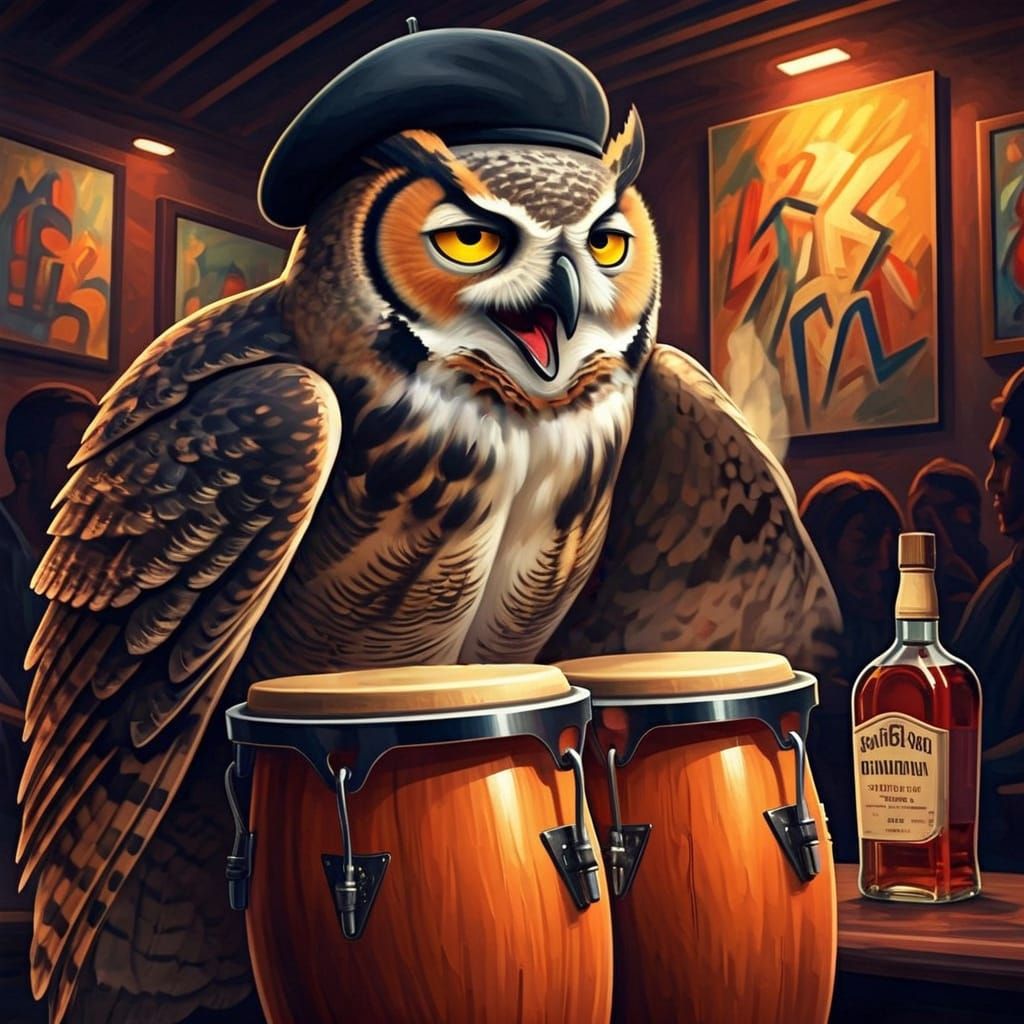 Laughing Owl Plays Bongos in Smoky Jazz Club