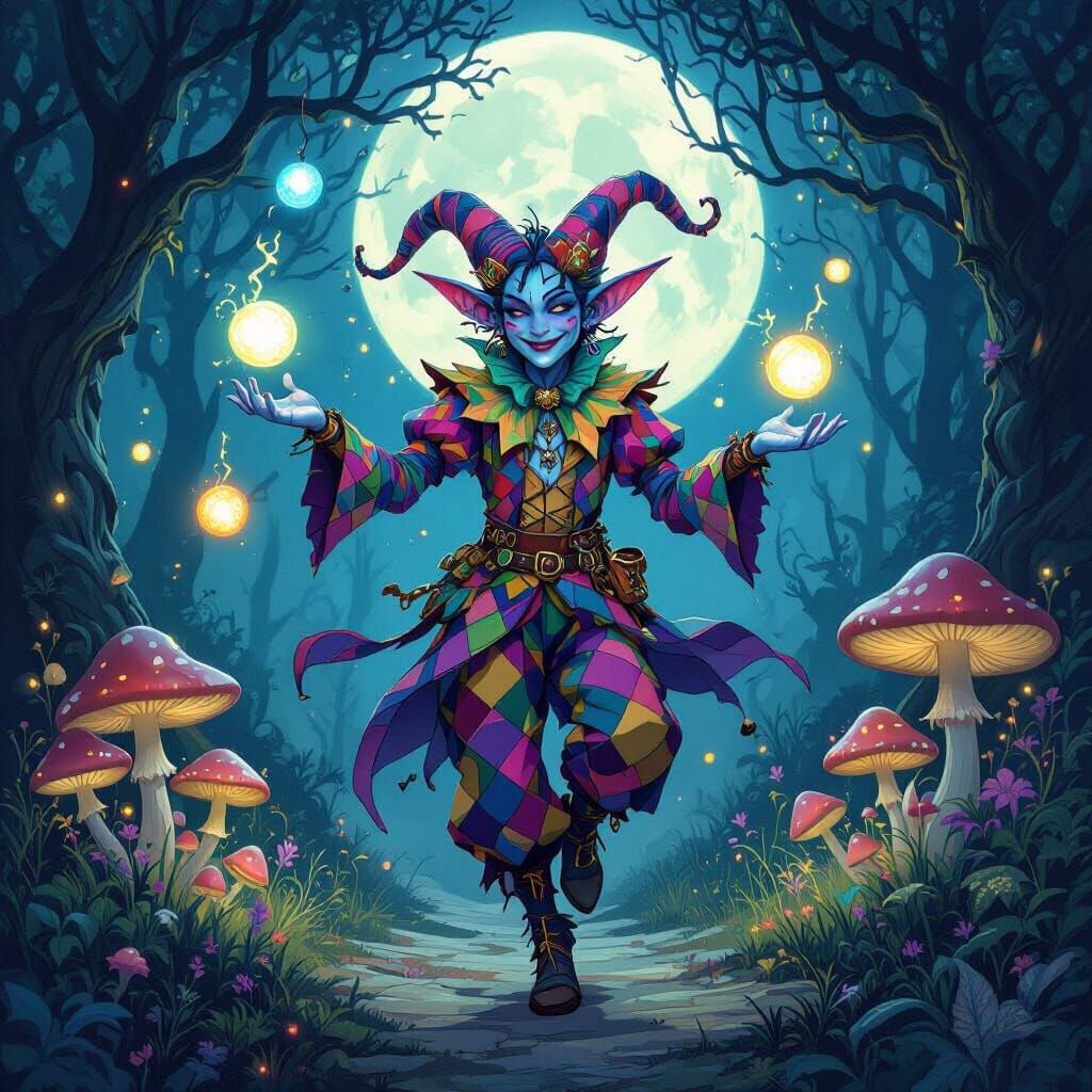 Tiefling Jester Dances in Moonlit Forest, Art Nouveau Style