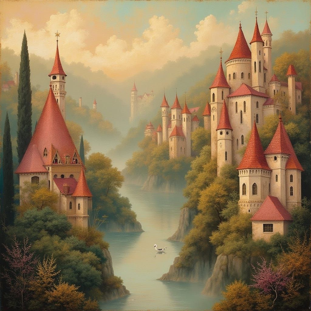 Mystical Art Deco Village in Dreamy Golden Light