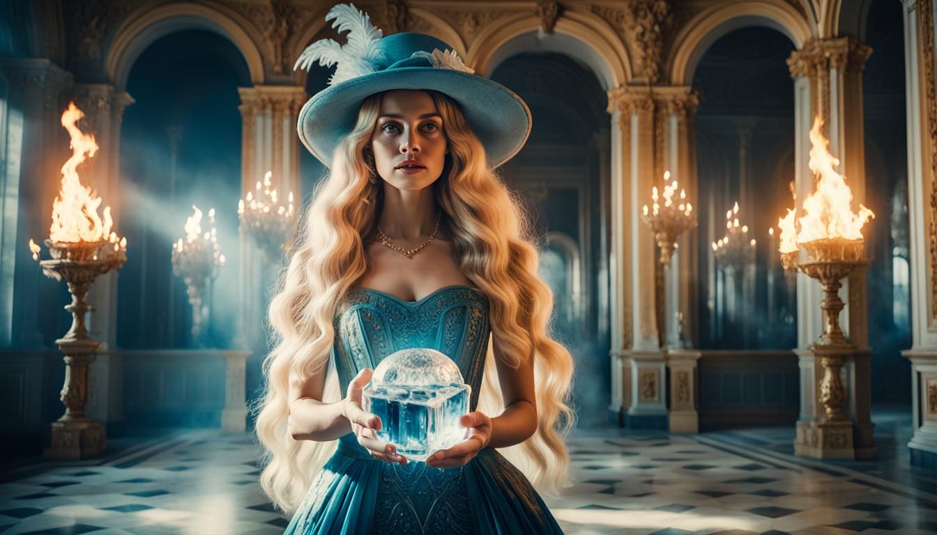 Woman with Flaming Ice Cube: Hyperrealistic Palace Scene