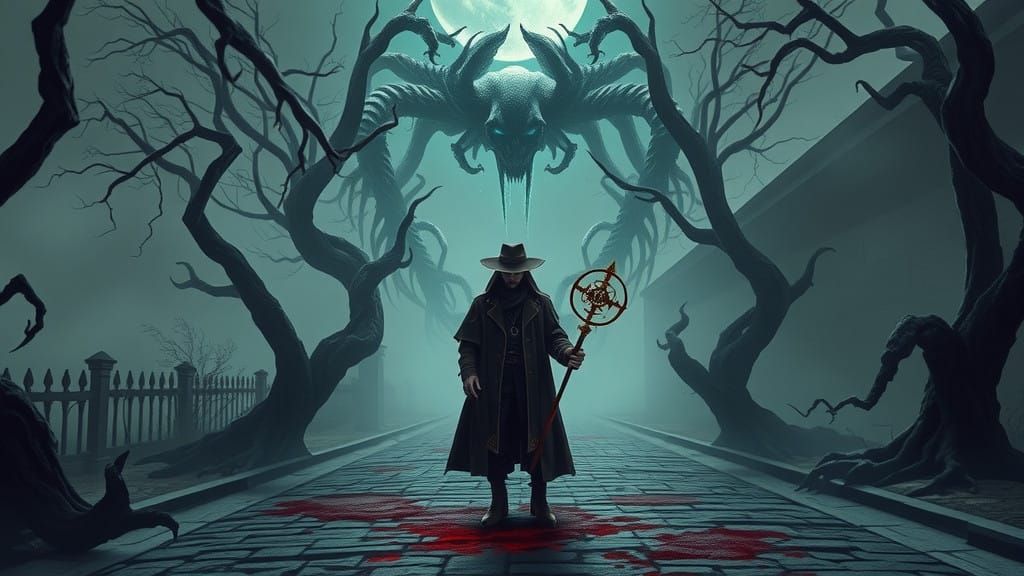 Gothic Hunter in a Desolate, Blood-Soaked World