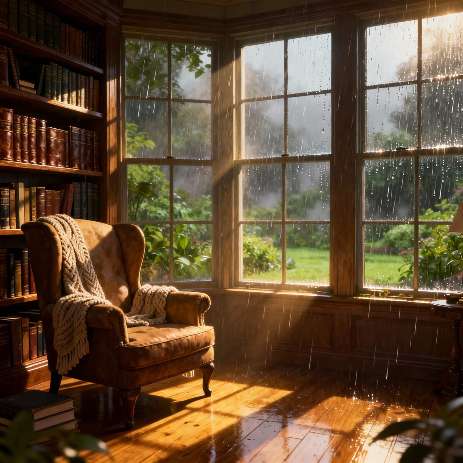 Cozy Library Nook with Rainy Garden View - 3D Anime Art