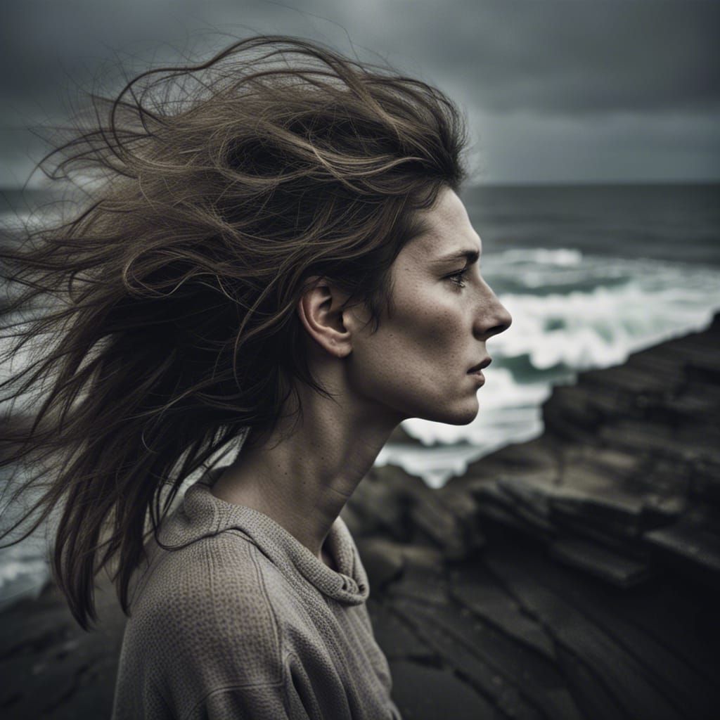 Pensive Woman on Cliffside, Cinematic Portrait