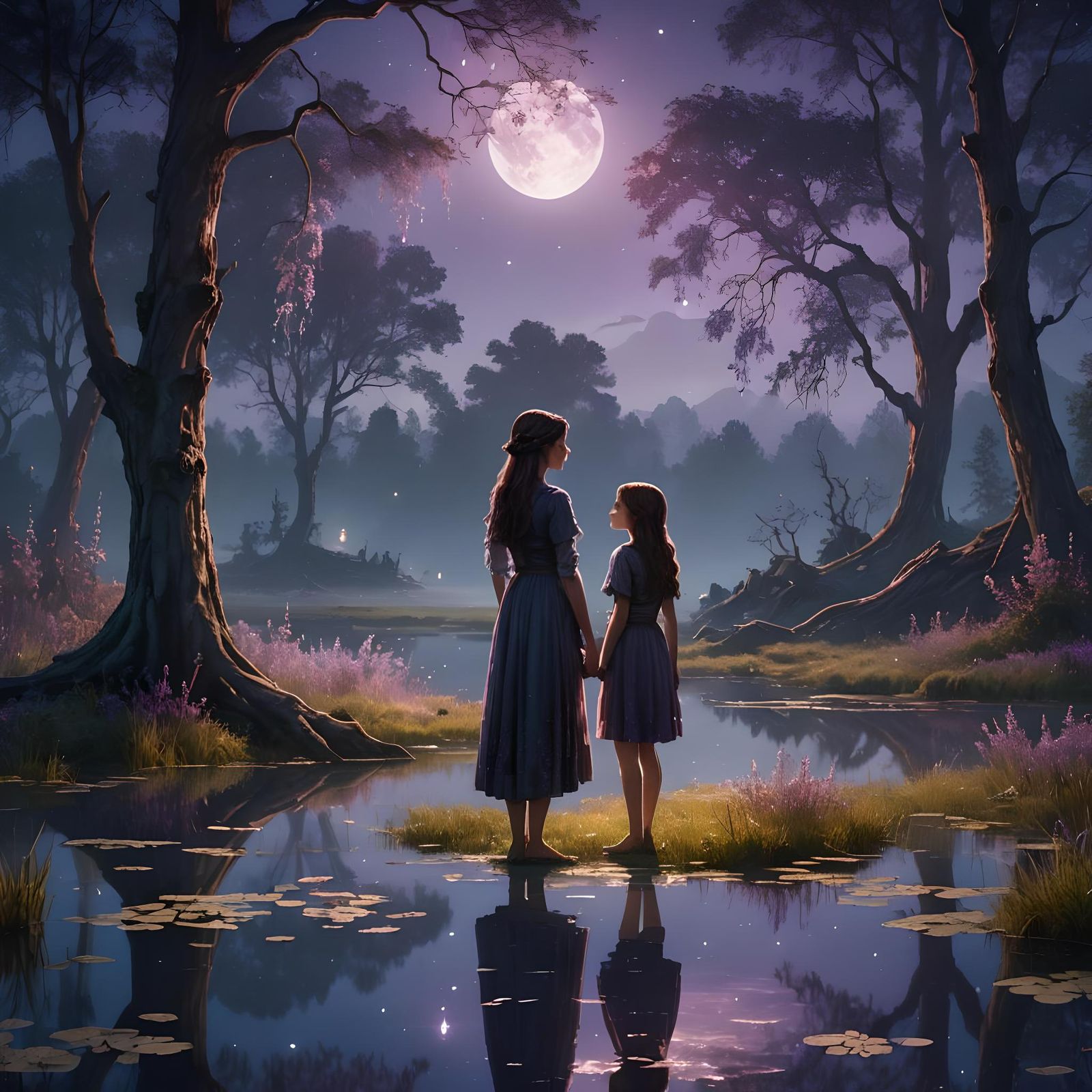 Detailed matte painting. Close-up portrait. A stunning young woman and her exceptionally beautiful younger sister stand ...