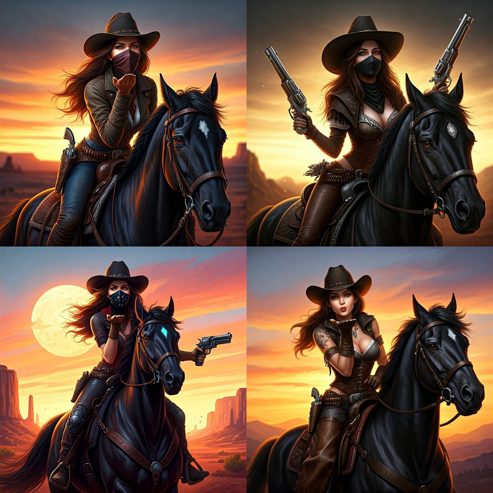 Hyperrealistic Cowgirl with Masked Face on Black Horse
