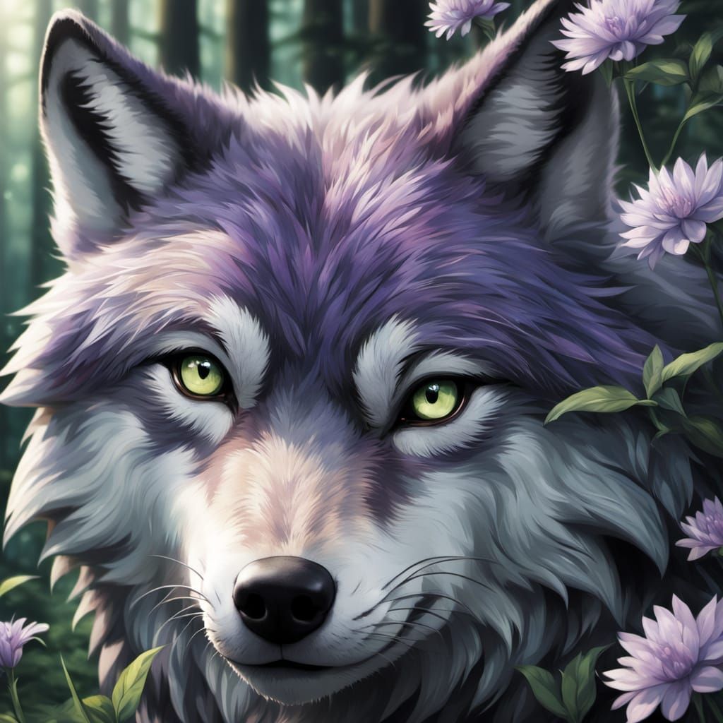 Anime Wolf Portrait with Violet Flowers, Ghibli Style