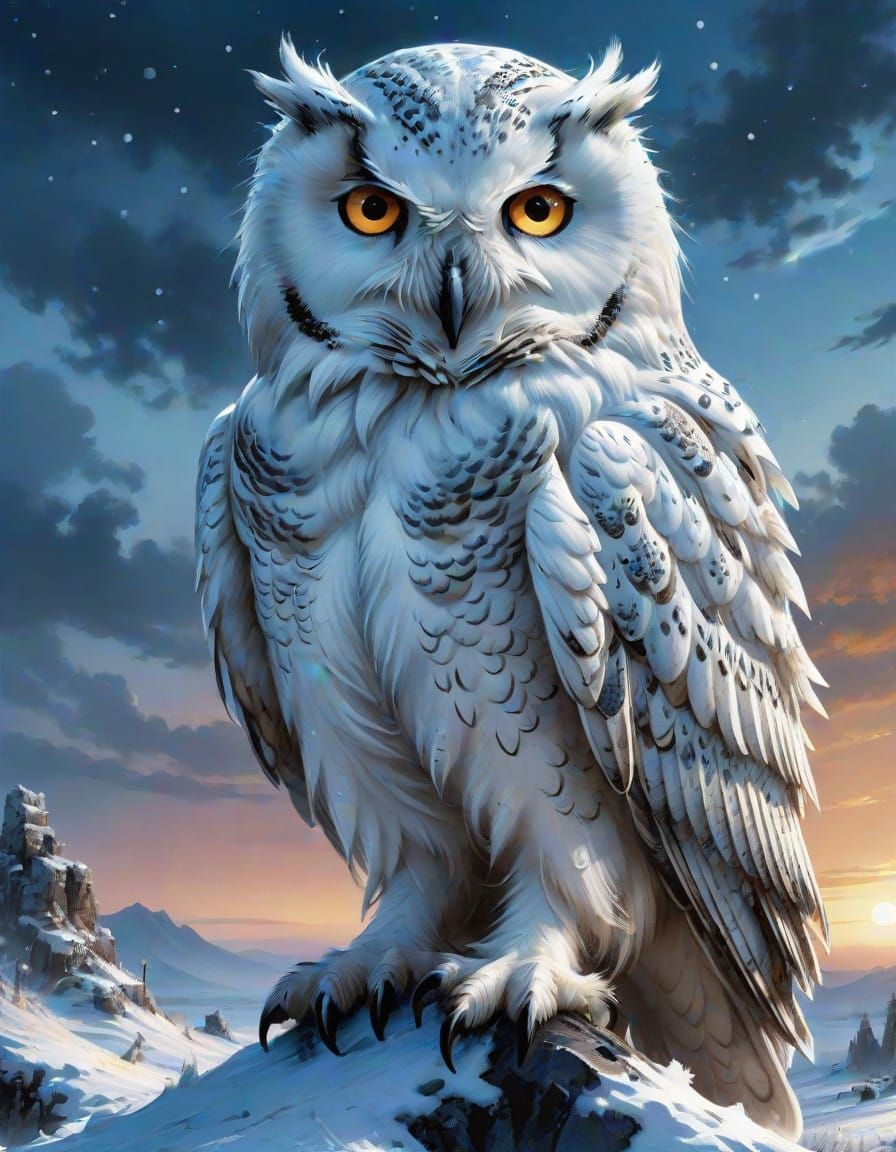 Ethereal Snow Owl Under Blue Hour Sky