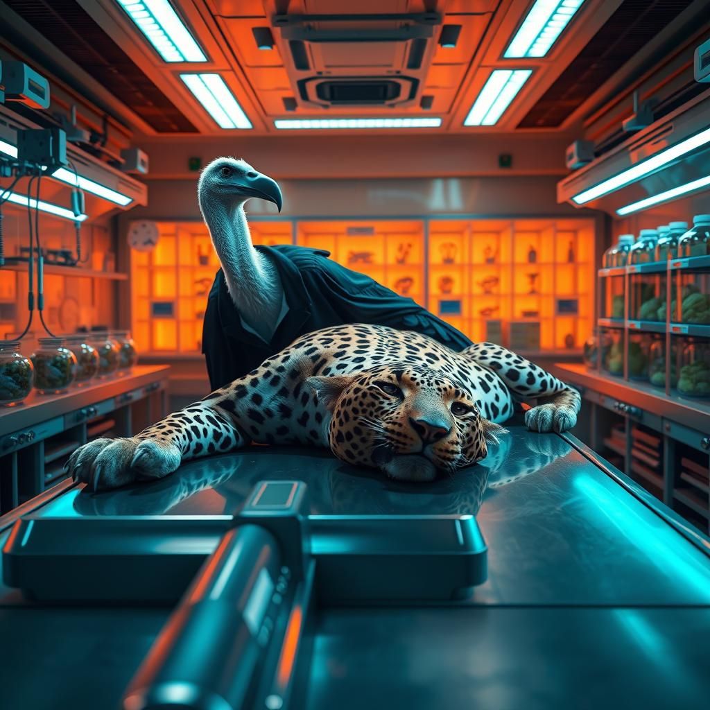 A vulture mortician is doing an autopsy on a leopard in the ...