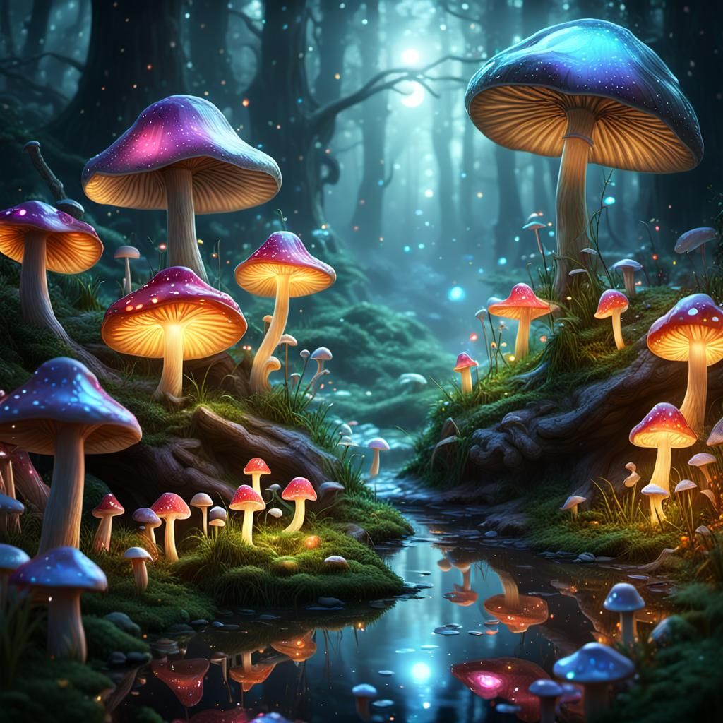 Enchanted Elf Fairy in a Crystalline Mushroom Forest
