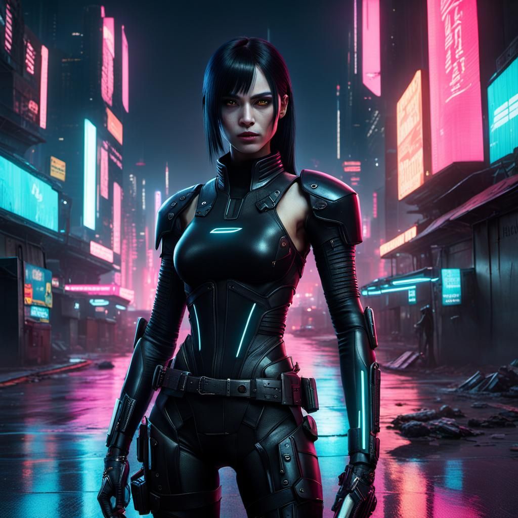 Cyberpunk Girl in Black Combat Suit, Neon Cityscape