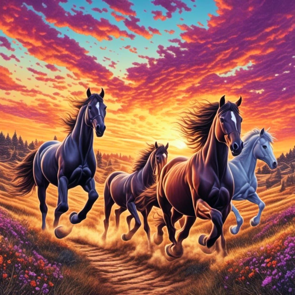 Horses Running at Sunset in Abstract Style