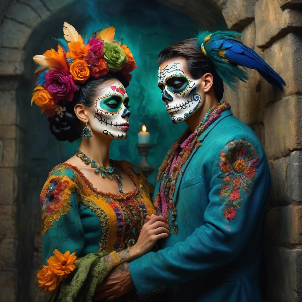 Romantic Sugar Skull Couple Embrace in Candlelit Castle