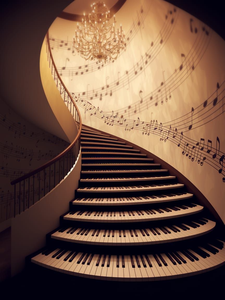 Spiral Piano Key Staircase in Golden Light