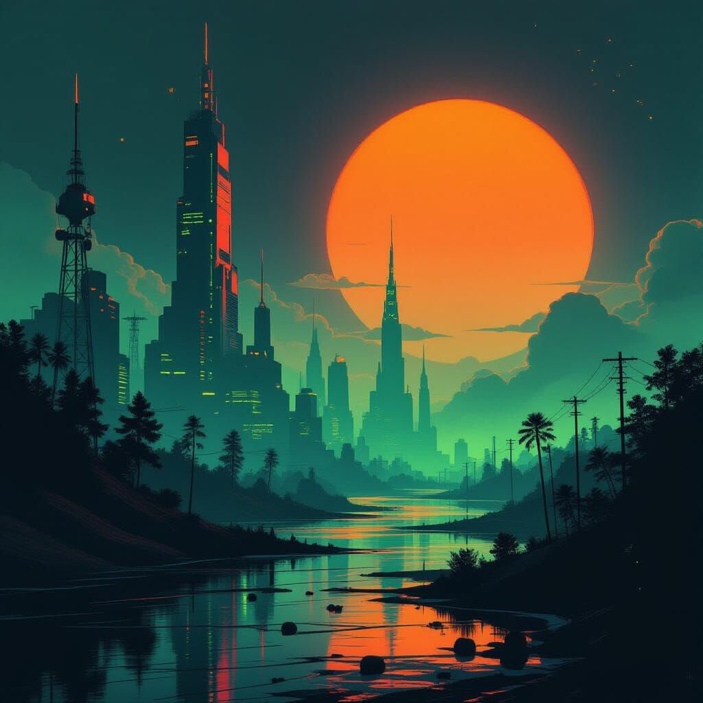 Cyberpunk Landscape with Neon Green and Orange Hues