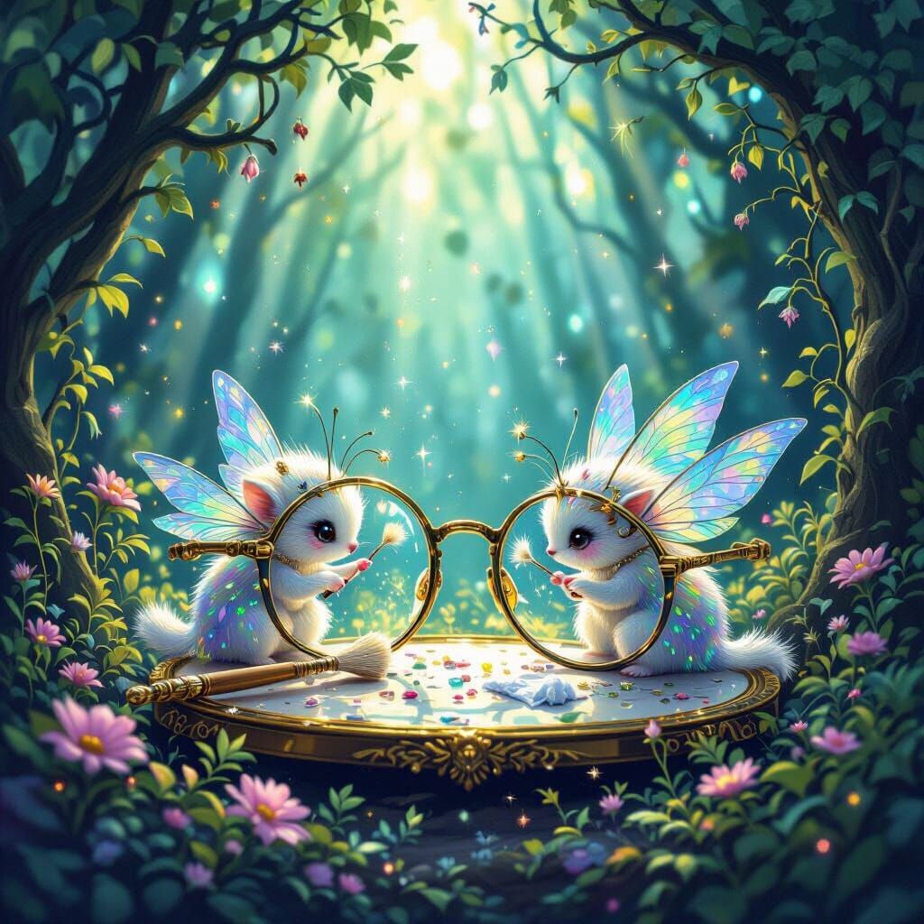 Magical Creatures Clean Spectacles in Enchanted Forest