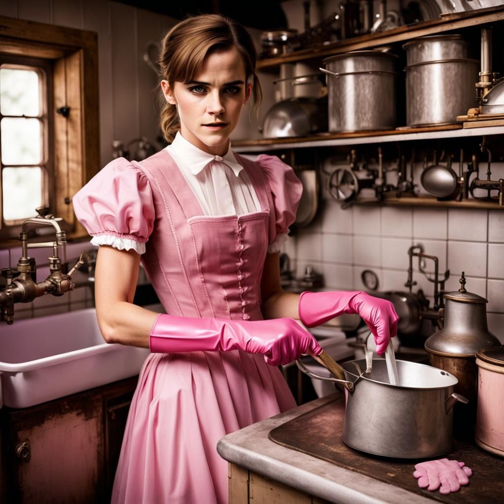 Steampunk Maid Doing Dishes in Pink