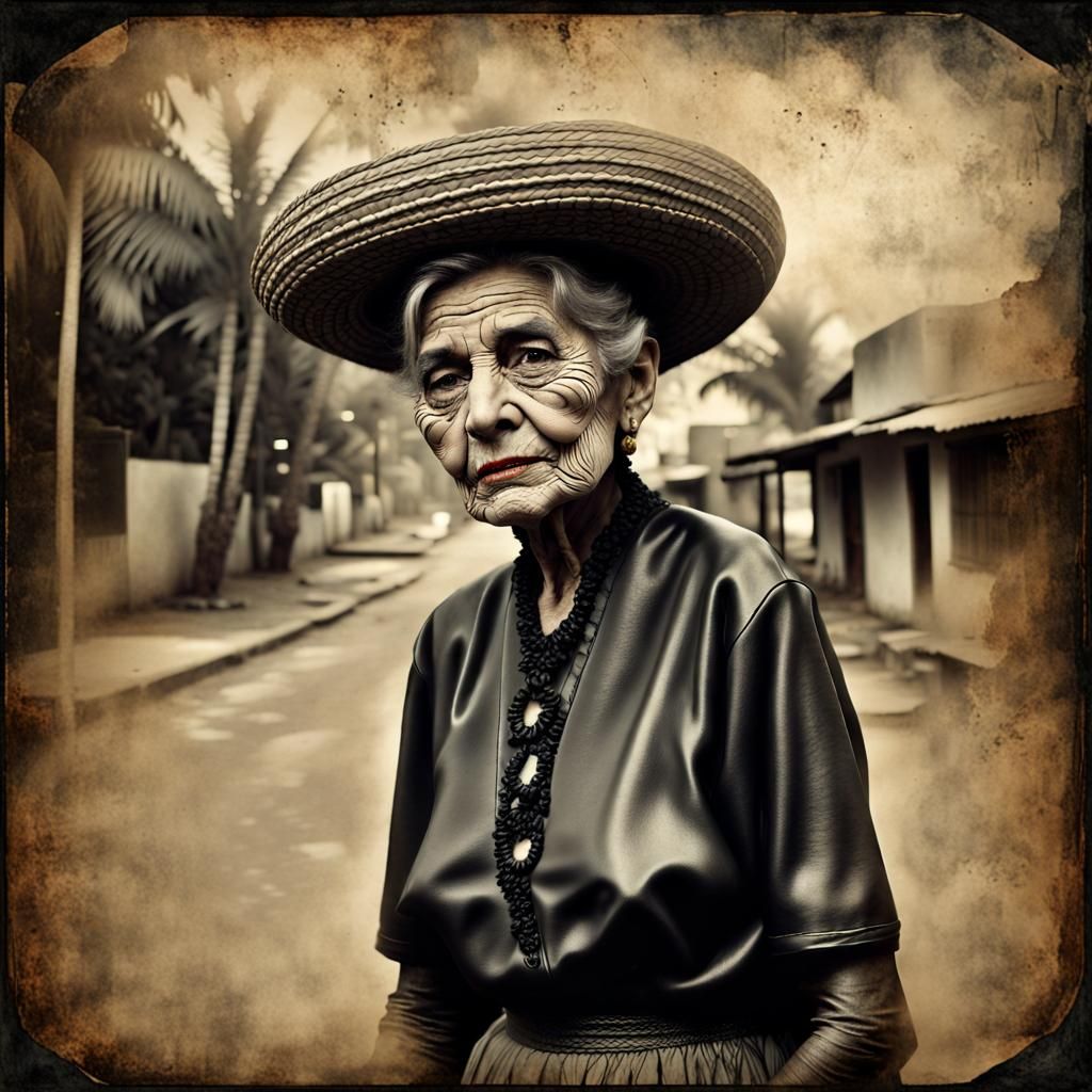 Vintage Photo of Old Mexican Lady in Cat Costume