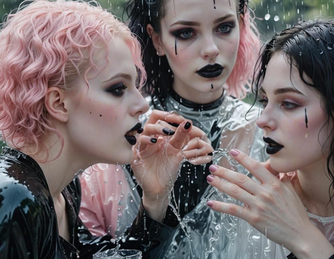 Three Goth Girls in Bubbling Water: Cel-Shaded Hyperrealism