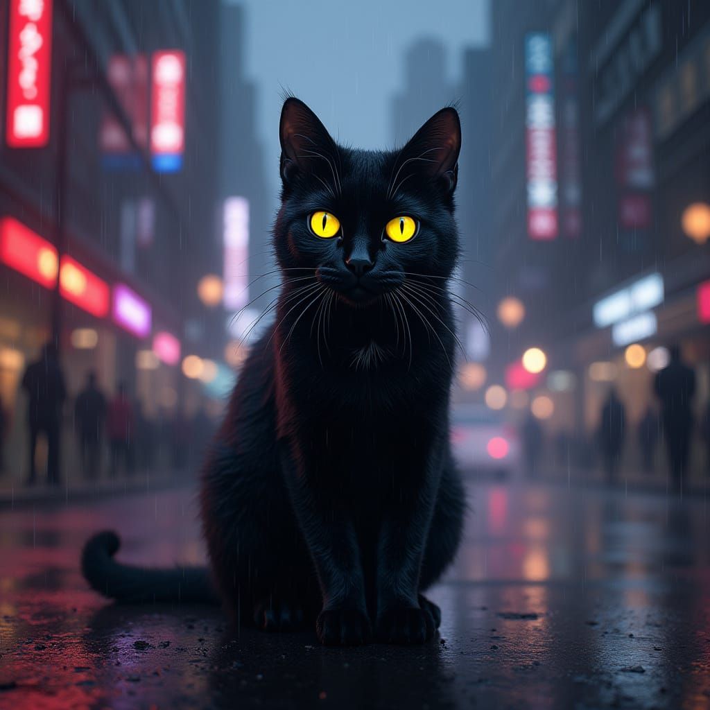 Cyberpunk Black Cat Illuminates Rainy City Streets