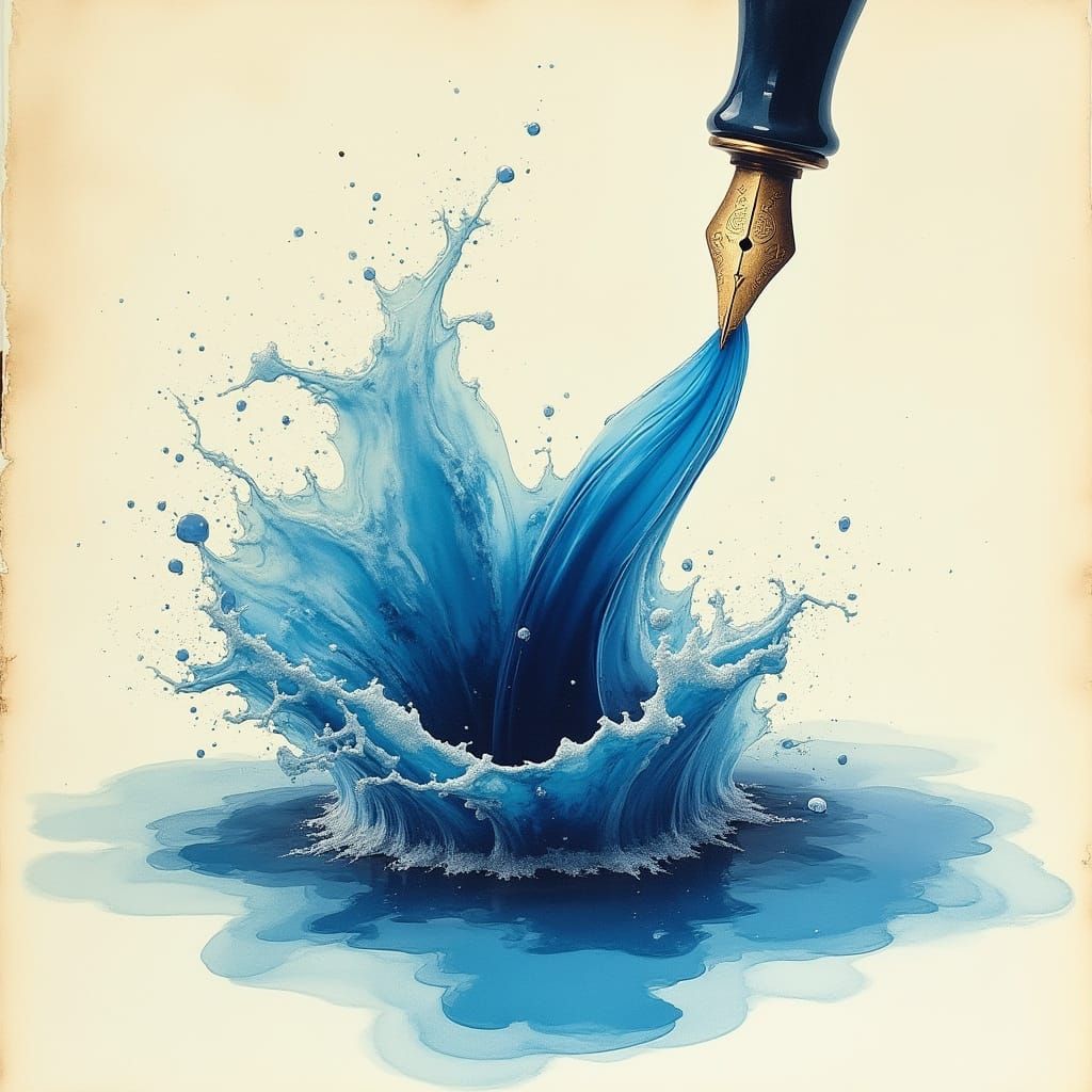 Fountain Pen Creates Flowing Blue Ink Seascape