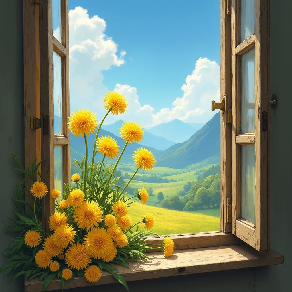 Golden Dandelions on Rustic Window Sill in Whimsical Landsca...