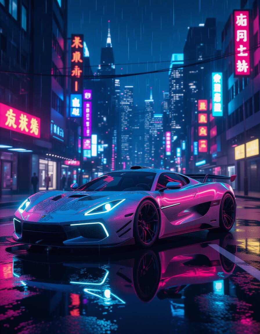 Futuristic Sports Car in Neon Dystopian City