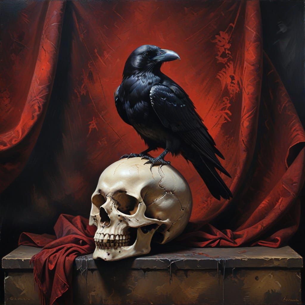 Crow on Skull with Velvet in Oil Painting Style
