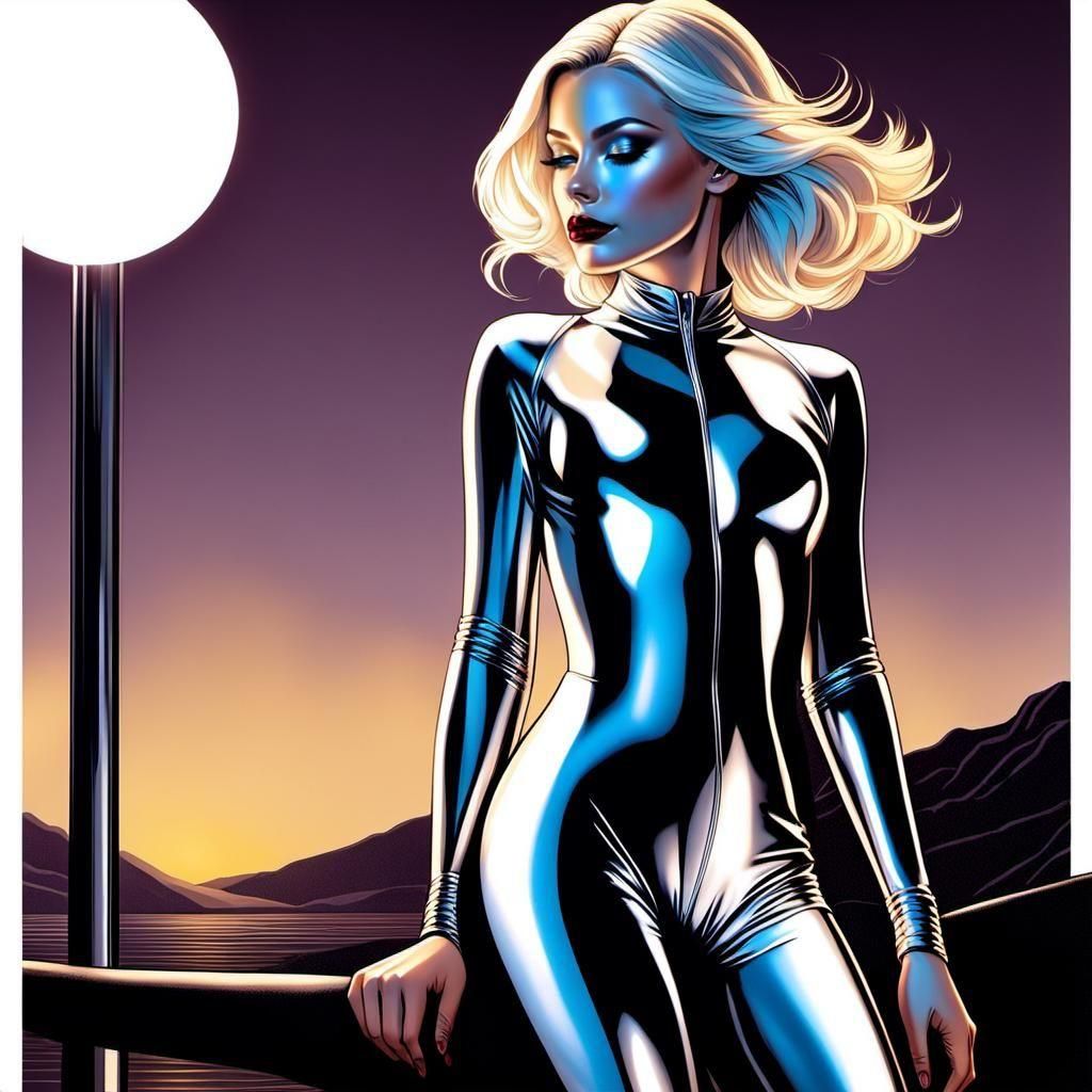 Blond Woman in Silver Leotard, Jamie Hewlett Style