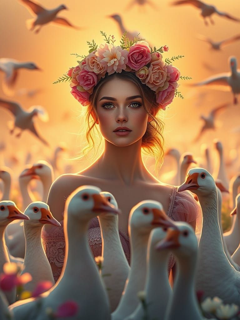 Ethereal Woman Surrounded by Geese in Vibrant Blooming Meado...