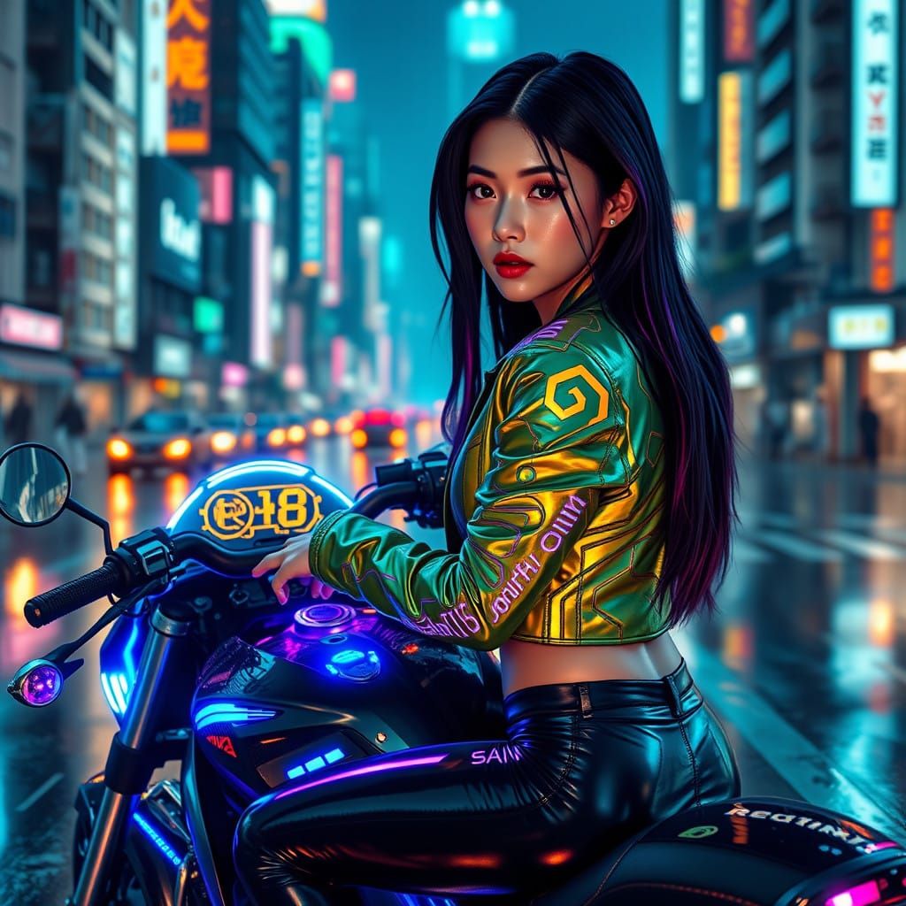 Surreal Cyberpunk Goddess Rides Electric Bike Under City Neo...